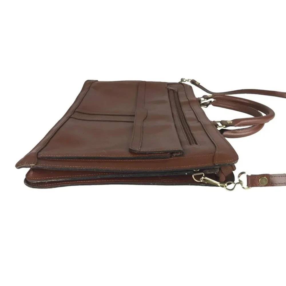 Unisex Brown Leather Pockets Dividers Detachable Strap‎ Double Handles Bag